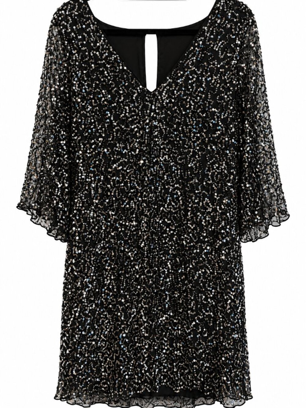 Alice + Olivia Black Sequin Beaded Flutter Sleeve Cocktail Dress L